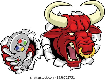 A bull or Minotaur monster longhorn cow angry mean video game gamer mascot cartoon character. 