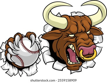 A bull or Minotaur monster longhorn cow angry mean baseball mascot cartoon. 