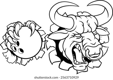 A bull or Minotaur monster longhorn cow angry mean ten pin bowing mascot cartoon. 