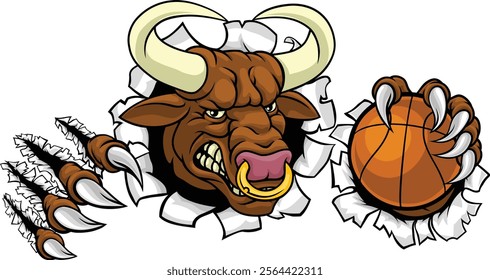 A bull or Minotaur monster longhorn cow angry mean basketball mascot cartoon. 