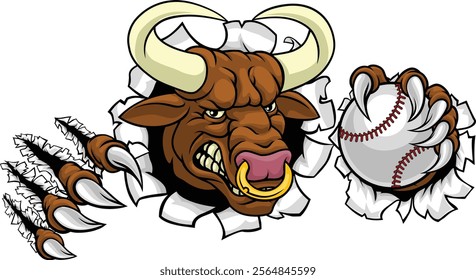 A bull or Minotaur monster longhorn cow angry mean baseball mascot cartoon. 