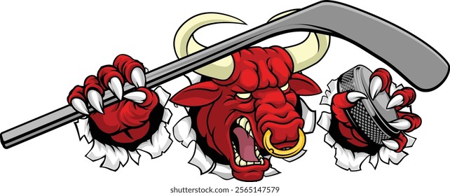 A bull or Minotaur monster longhorn cow angry mean ice hockey mascot cartoon character. 