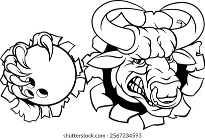 A bull or Minotaur monster longhorn cow angry mean ten pin bowing mascot cartoon. 