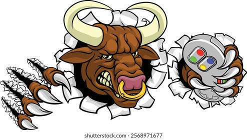 A bull or Minotaur monster longhorn cow angry mean video game gamer mascot cartoon character. 