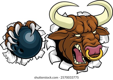 A bull or Minotaur monster longhorn cow angry mean ten pin bowing mascot cartoon. 