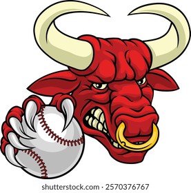 A bull or Minotaur monster longhorn cow angry mean baseball mascot cartoon. 