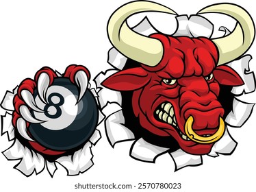 A bull or Minotaur monster longhorn cow angry mean pool mascot cartoon character. 