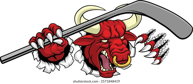 A bull or Minotaur monster longhorn cow angry mean ice hockey mascot cartoon character. 