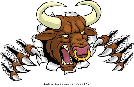 A bull or Minotaur monster longhorn cow angry mean head mascot face cartoon. Tearing through the background. With a ring through their nose.