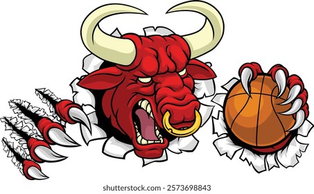 A bull or Minotaur monster longhorn cow angry mean basketball mascot cartoon. 