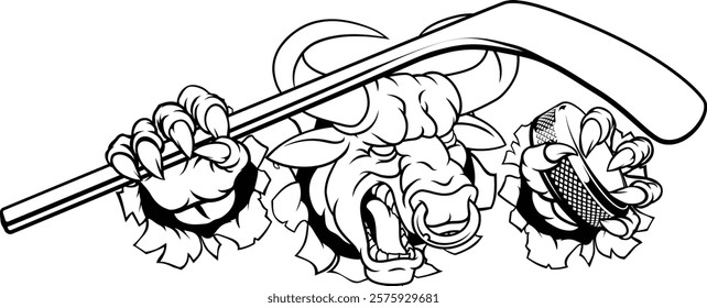 A bull or Minotaur monster longhorn cow angry mean ice hockey mascot cartoon character. 