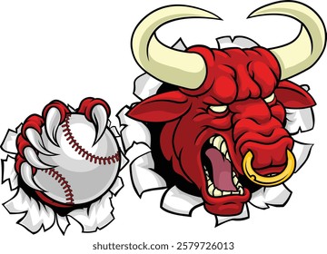 A bull or Minotaur monster longhorn cow angry mean baseball mascot cartoon. 