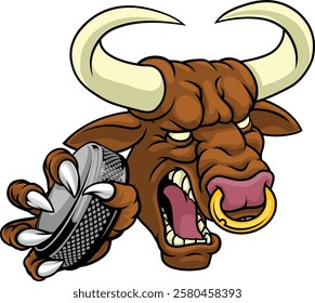 A bull or Minotaur monster longhorn cow angry mean ice hockey mascot cartoon character. 