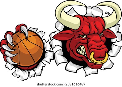 A bull or Minotaur monster longhorn cow angry mean basketball mascot cartoon. 