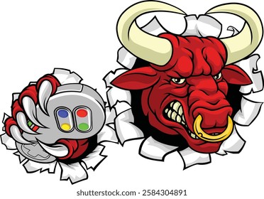 A bull or Minotaur monster longhorn cow angry mean video game gamer mascot cartoon character. 