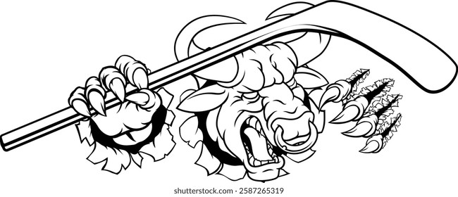 A bull or Minotaur monster longhorn cow angry mean ice hockey mascot cartoon character. 