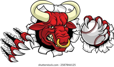 A bull or Minotaur monster longhorn cow angry mean baseball mascot cartoon. 