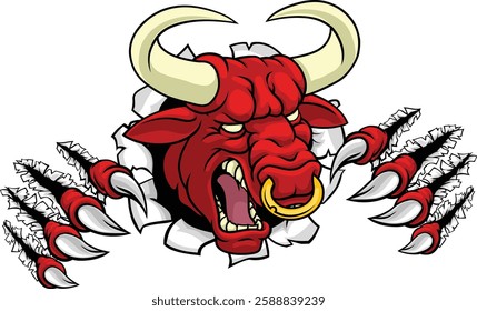 A bull or Minotaur monster longhorn cow angry mean head mascot face cartoon. Tearing through the background. With a ring through their nose.