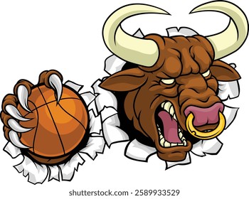 A bull or Minotaur monster longhorn cow angry mean basketball mascot cartoon. 