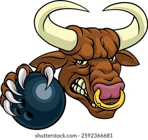 A bull or Minotaur monster longhorn cow angry mean ten pin bowing mascot cartoon. 