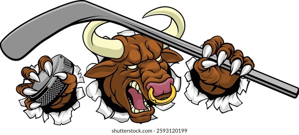 A bull or Minotaur monster longhorn cow angry mean ice hockey mascot cartoon character. 