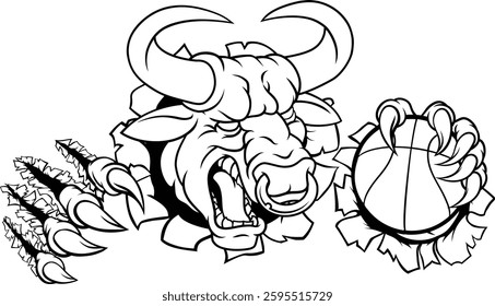 A bull or Minotaur monster longhorn cow angry mean basketball mascot cartoon. 