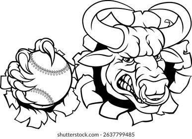 A bull or Minotaur monster longhorn cow angry mean baseball mascot cartoon. 