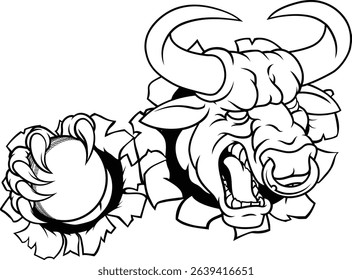 A bull or Minotaur monster longhorn cow angry mean cricket mascot cartoon character. 
