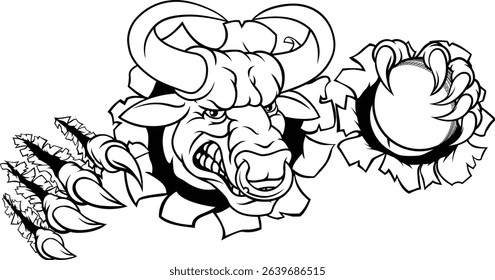 A bull or Minotaur monster longhorn cow angry mean cricket mascot cartoon character. 