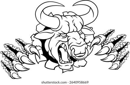 A bull or Minotaur monster longhorn cow angry mean head mascot face cartoon. Tearing through the background. With a ring through their nose.
