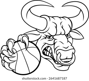 A bull or Minotaur monster longhorn cow angry mean basketball mascot cartoon. 