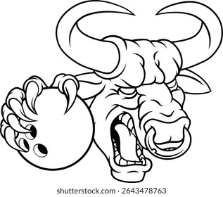 Um touro ou Minotaur monstro longhorn vaca irritado significa dez pinos curvando mascote cartoon. 