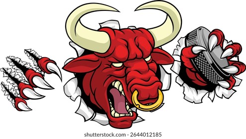 Um touro ou Minotauro monstro longhorn vaca irritado significa hóquei no gelo mascote personagem de desenho animado. 