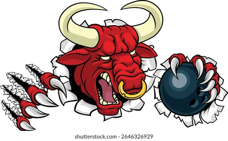 Um touro ou Minotaur monstro longhorn vaca irritado significa dez pinos curvando mascote cartoon. 