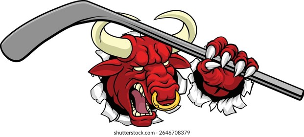 Um touro ou Minotauro monstro longhorn vaca irritado significa hóquei no gelo mascote personagem de desenho animado. 