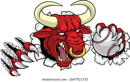 A bull or Minotaur monster longhorn cow angry mean baseball mascot cartoon. 