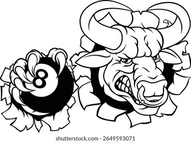 A bull or Minotaur monster longhorn cow angry mean pool mascot cartoon character. 