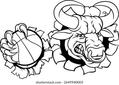 A bull or Minotaur monster longhorn cow angry mean basketball mascot cartoon. 