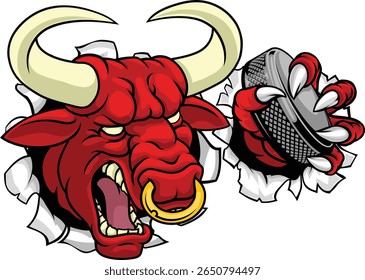 A bull or Minotaur monster longhorn cow angry mean ice hockey mascot cartoon character. 