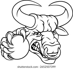 A bull or Minotaur monster longhorn cow angry mean cricket mascot cartoon character. 