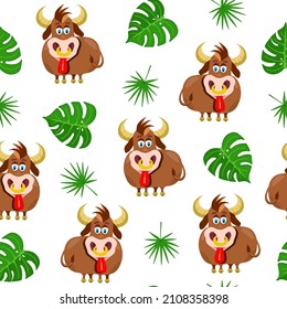 bull, monstera, palm leaves seamless pattern. Vector Illustration for backgrounds, covers, packaging, greeting cards, posters, stickers, textile and seasonal design. Isolated on white background.