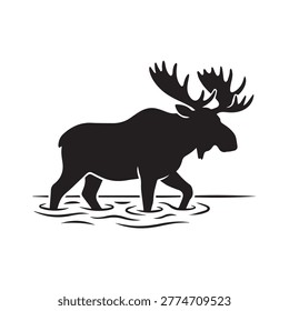 Bull moose silhouette wading through water with ripples on white background