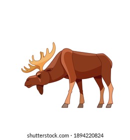 Bull moose watches warily. Wildlife scene with elk. Cartoon character vector flat illustration isolated on white background.