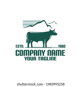 bull and mountains logo, silhouette of great bull behind the mountains vector illustrations