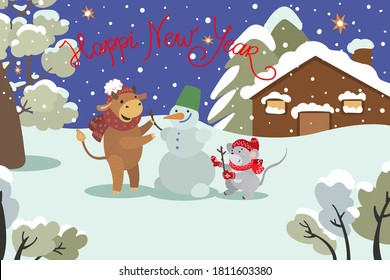 bull and mouse - symbols of 2021 and 2020, make a snowman on a winter evening, near a wooden house. cartoon, apartment, fairy tale, postcard, printable, vector vector image