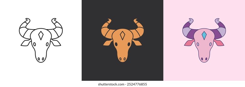 Bull mystic icon set. Black and colorful geometric vector logo template