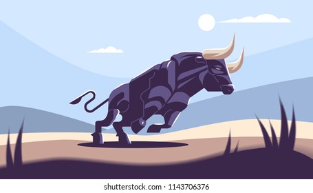 Bull in nature. Field, wild nature. Vector illustration.