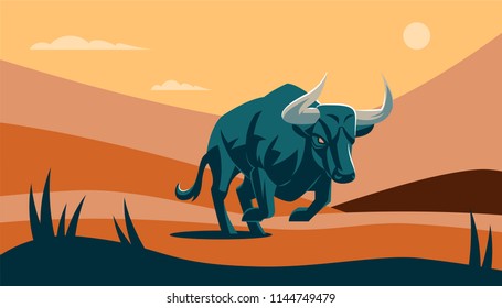 Bull in nature. Field, wild nature. Vector illustration.