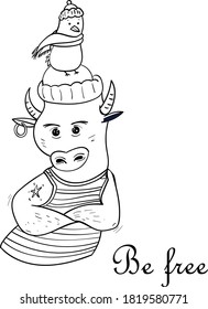 Bull in nautical style with a seagull on its head. Be free. Coloring Page or Book for Kids and Adults