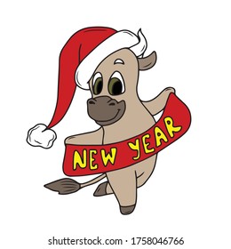 Bull New year 2021 with a cap holding a red ribbon with the inscription.Vector design, illustration on a white isolated background, sticker.Holiday